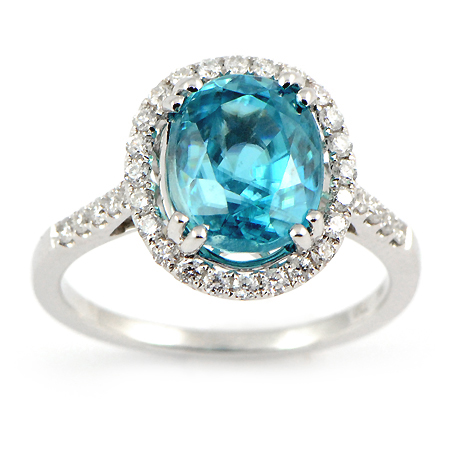 Blue Zircon Ring with Diamond Halo in White Gold | Wixon.com