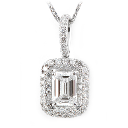 Emerald Cut Diamond Halo Pendant in 18k White Gold