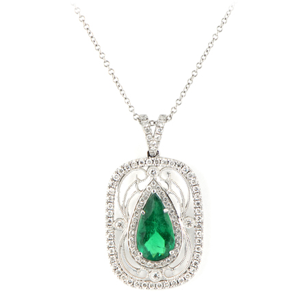 Vintage Inspired Emerald Pendant w/ Diamonds & Filigree Accents