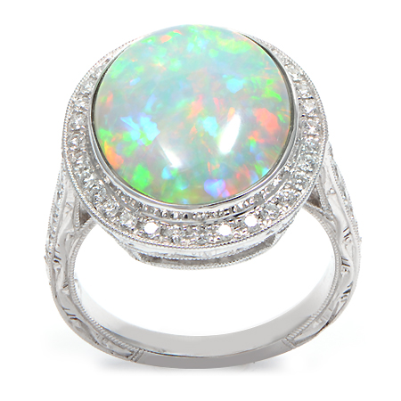 White Opal Gemstone Ring with Diamond Halo | Wixon Jewelers