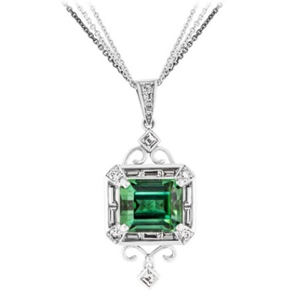 Vintage Inspired Emerald Pendant w/ Diamonds & Filigree Accents